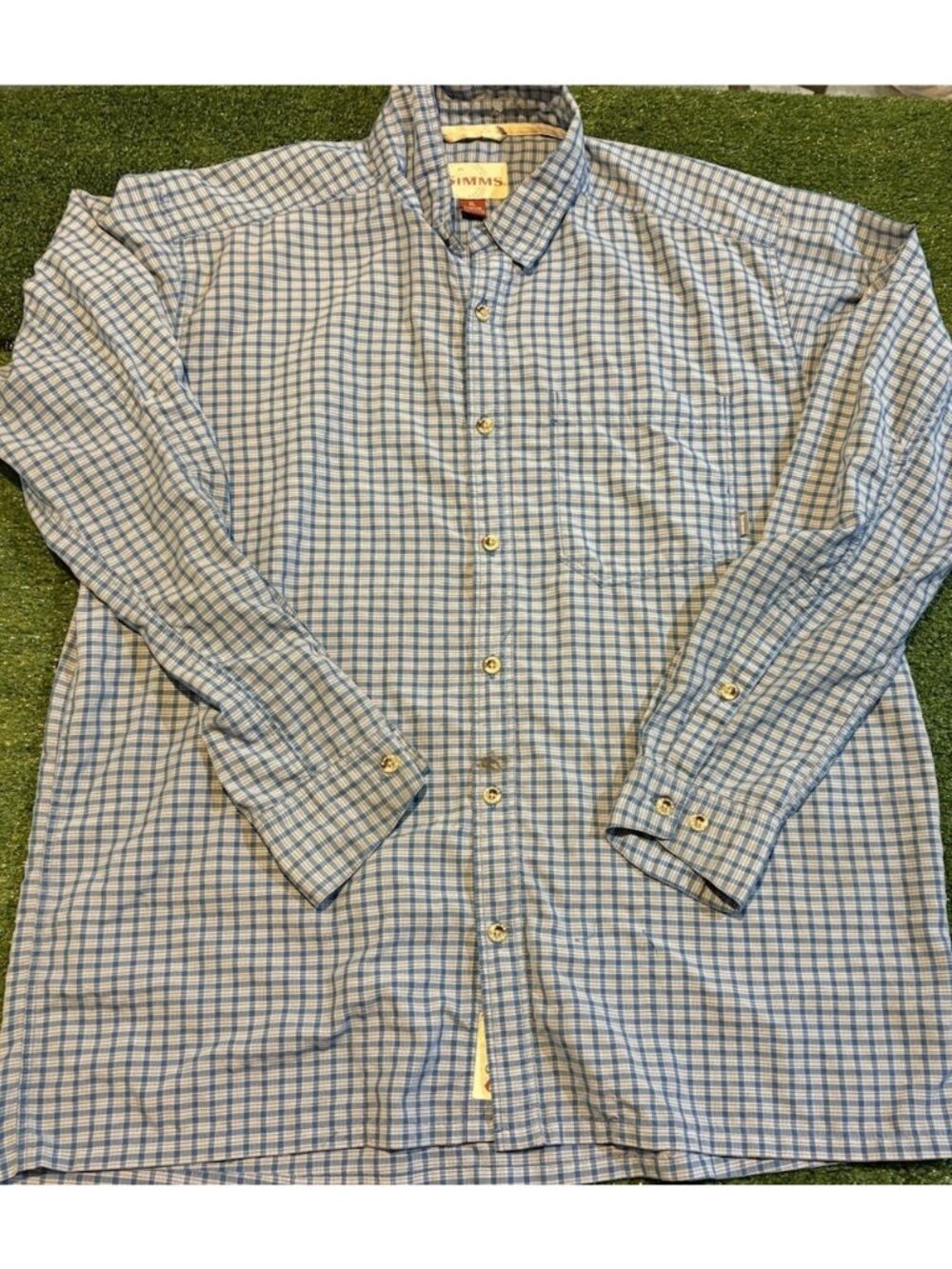 Simms Fishing shirt mens XL blue white long sleeve pockets moisture wicking